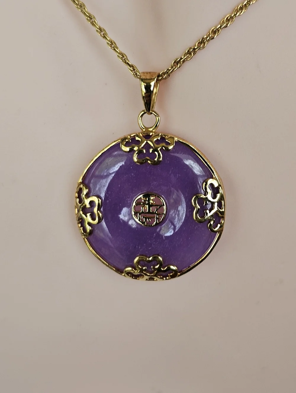 Good Fortune Genuine Purple Jade Donut Pendant Necklace 18k Vermeil 20